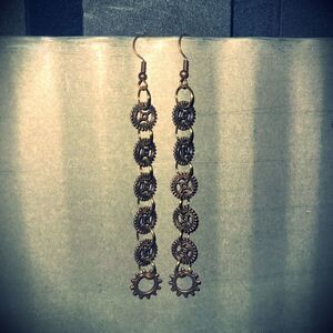 Bronze Gear Steampunk Industrial Dangle Earrings with Gold Accents